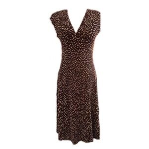 Chaps Fit Flare Sleeveless Dress Stretch Brown White Polka Dot Empire Waist